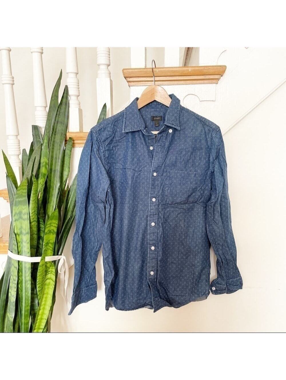 J. Crew Blue Denim Dotted Print Button-Up Long Sleeve Top Size Small
